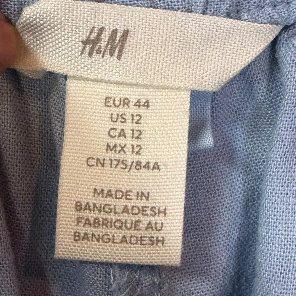 H&M Pants Womens 12 Blue Linen Blend‎ Wide Leg Relaxed Trousers Casual Summer